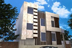 طراحی نمای کارخانه سنگ قم با چوب ترموود